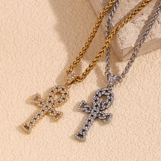 Collana con ciondolo a croce geometrica in stile retrò Hip-Hop da uomo, base in acciaio inossidabile con placcatura in oro 18 carati e intarsio completo di strass