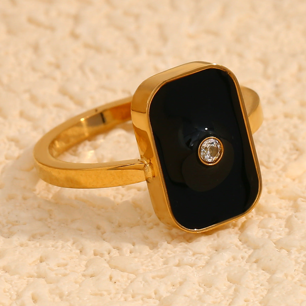 Minimalist Geometric Stainless Steel Ring with 18K Gold Plating and Enamel Black Square Design for Women