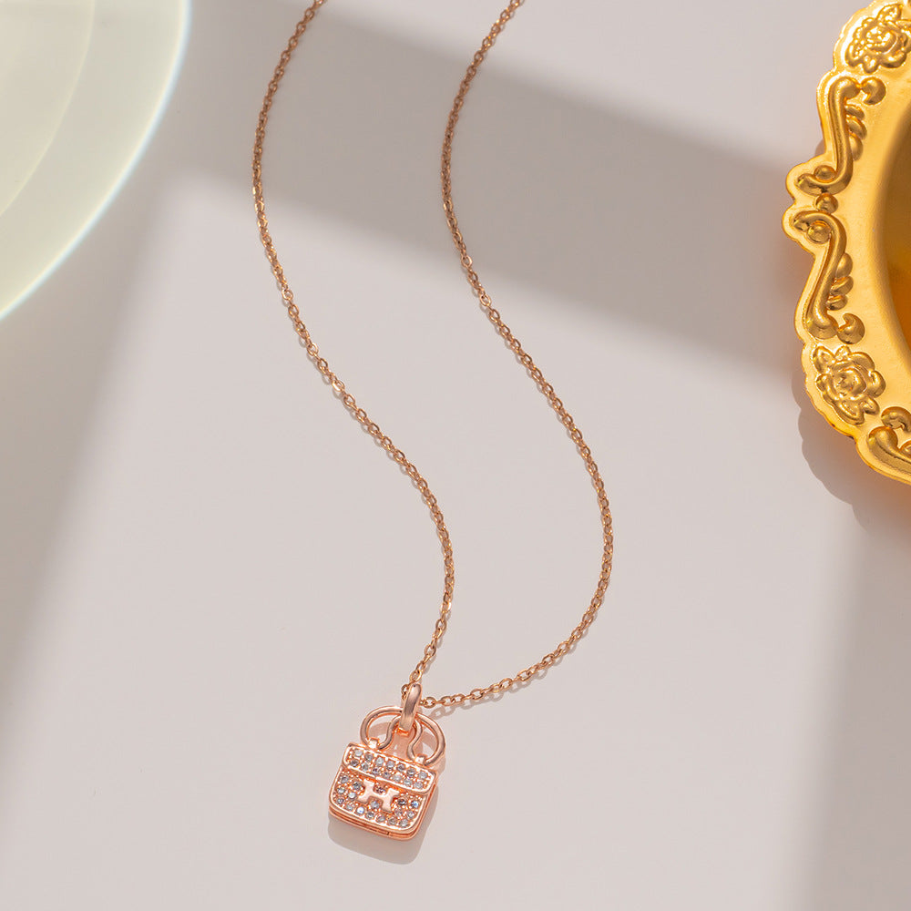 Natural and Fresh Sweet Minimalist H-Shaped Pendant Necklace in Titanium Steel with Full Rhinestone Inlay, Waterproof Clavicle Chain for Women