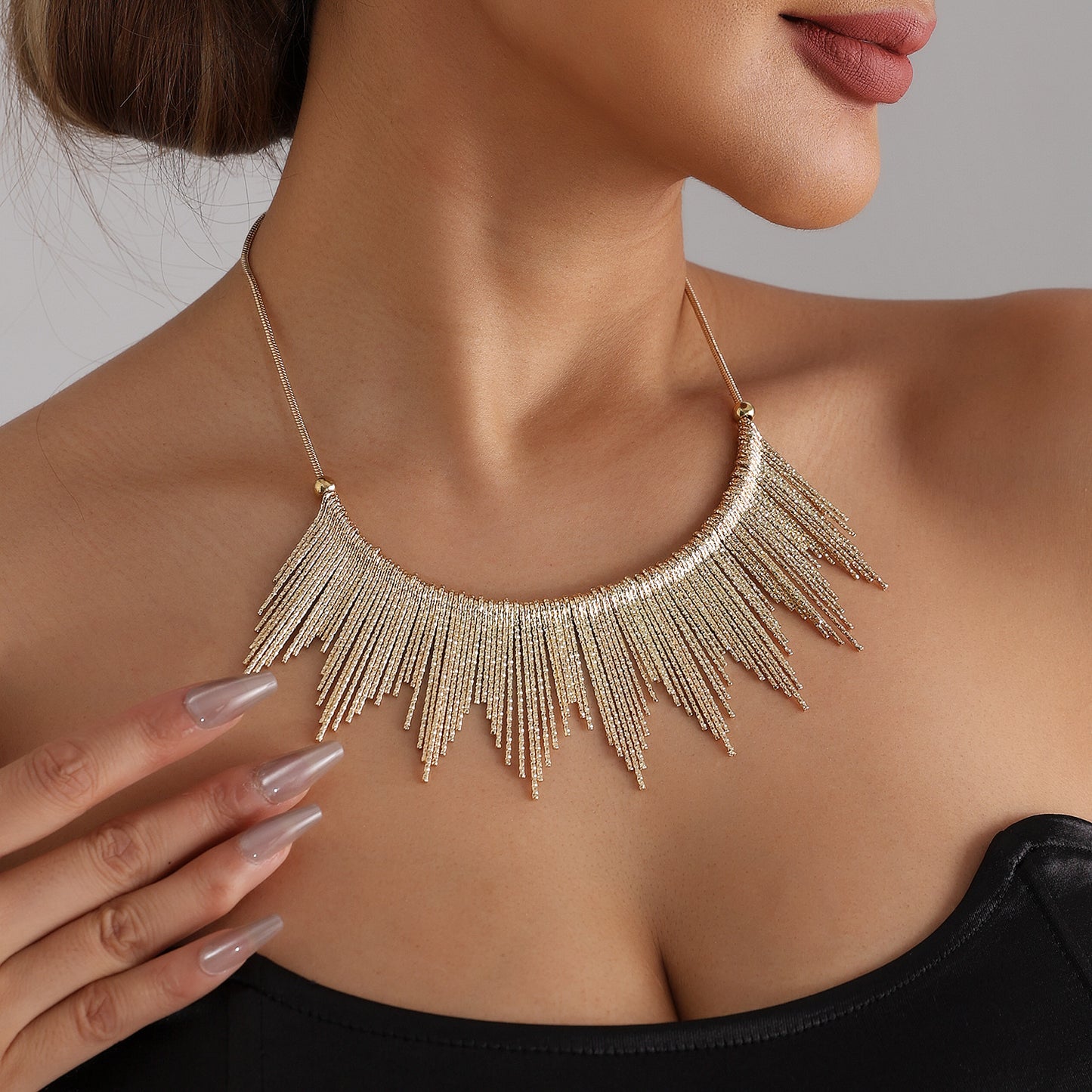 Textured Geometric Alloy Plated Pendant Necklace with Tassel for Women