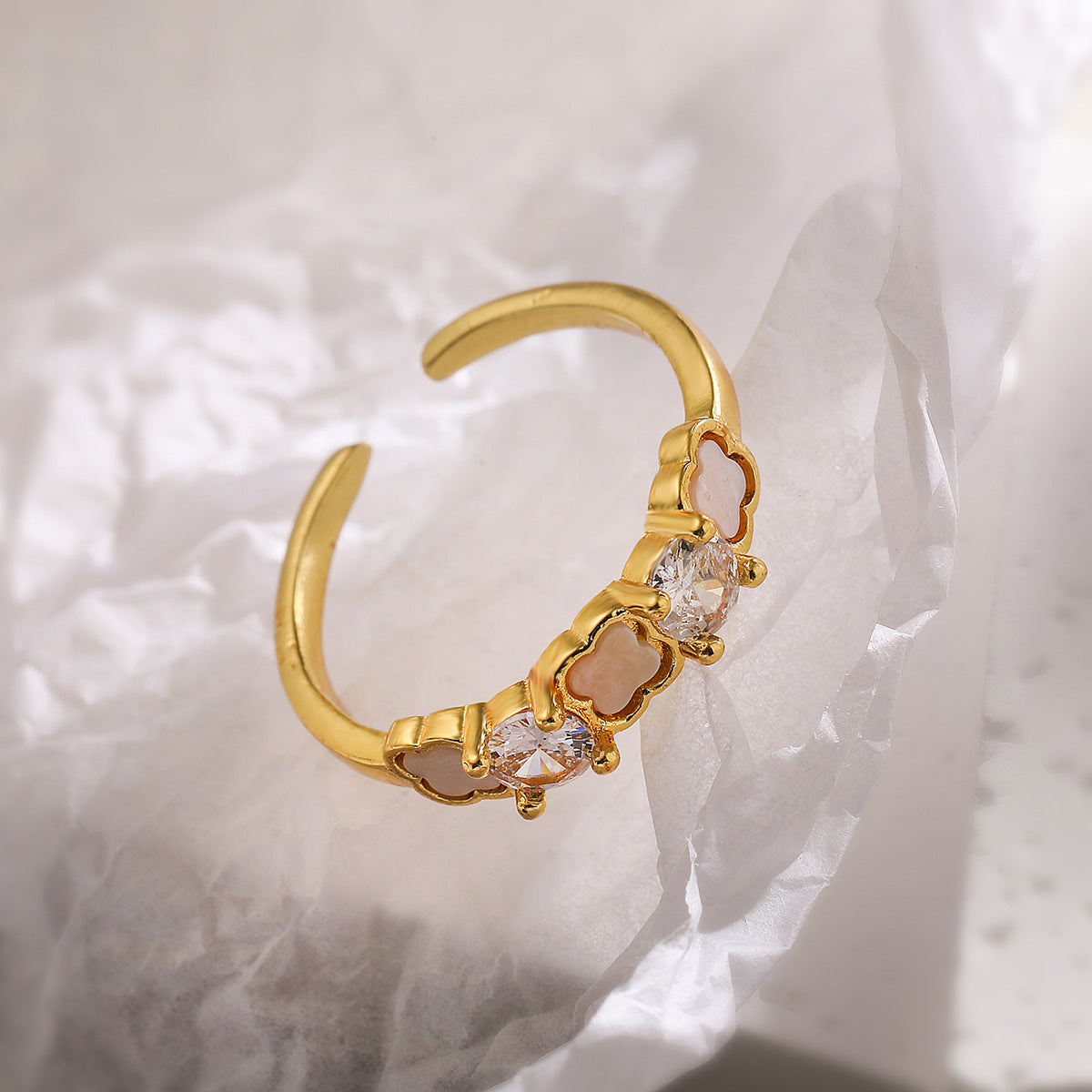 Minimalist Geometric Open Ring for Women in Brass with 18K Gold Plating and Zircon Inlay