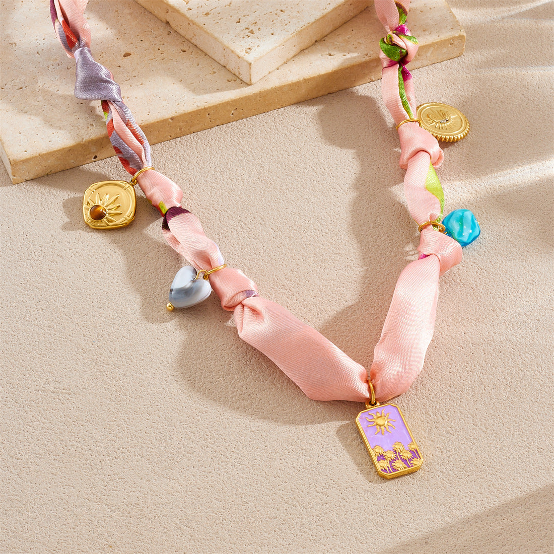 Elegant Gold Plated Stainless Steel Heart Moon Star Necklace with Colorful Floral Print and Knotted Chain for Women