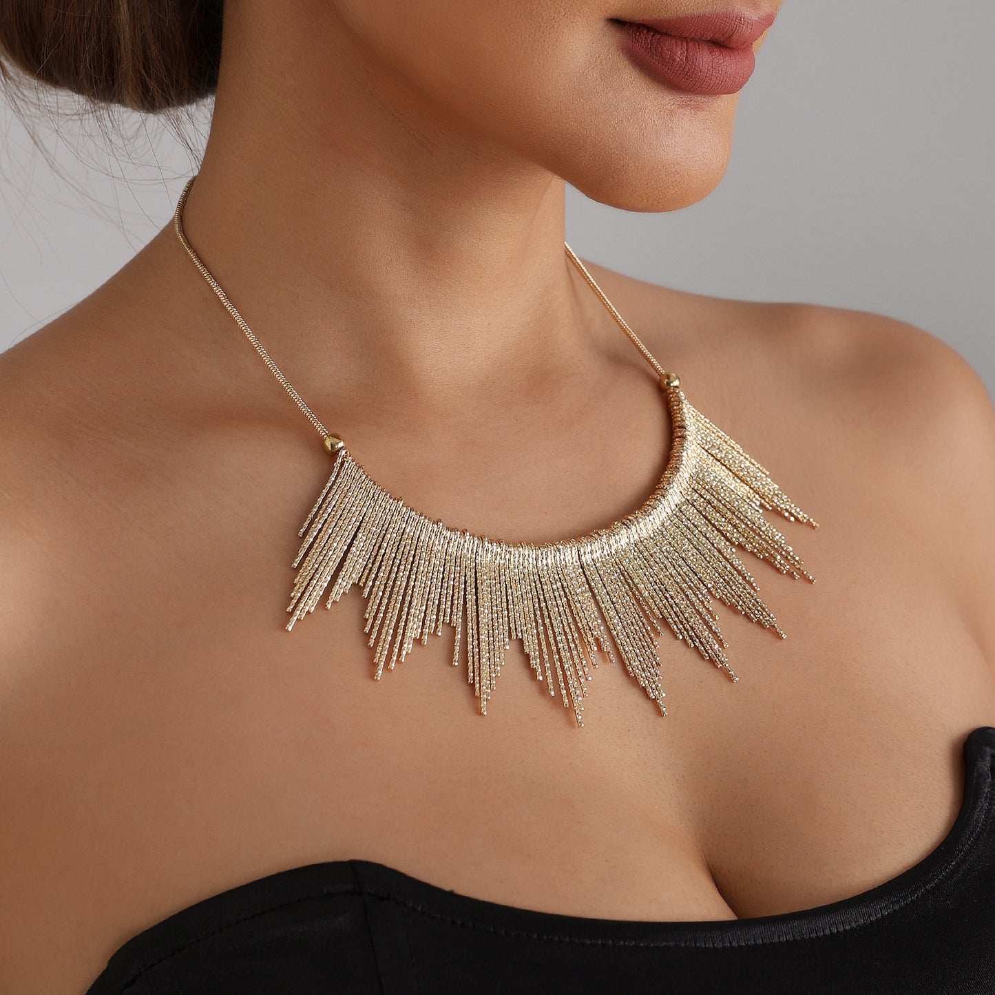 Textured Geometric Alloy Plated Pendant Necklace with Tassel for Women
