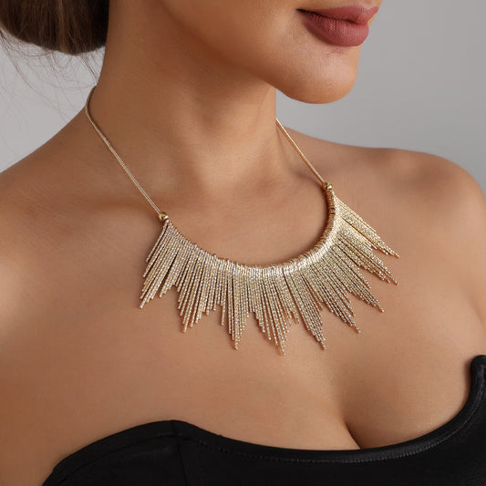 Textured Geometric Alloy Plated Pendant Necklace with Tassel for Women