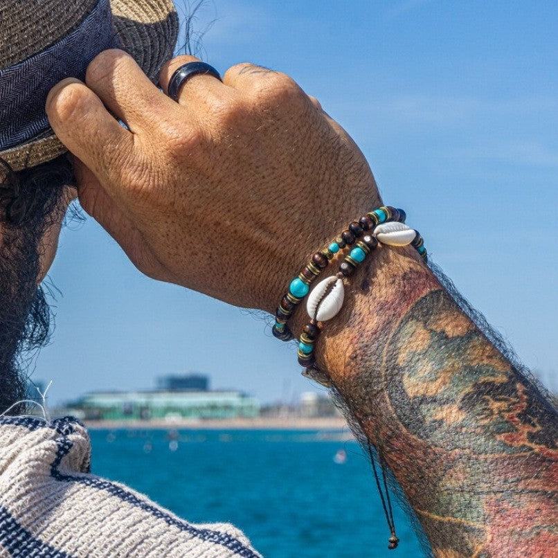 Bohemian Ethnic Geometric Wood Turquoise Beaded Adjustable Bracelet