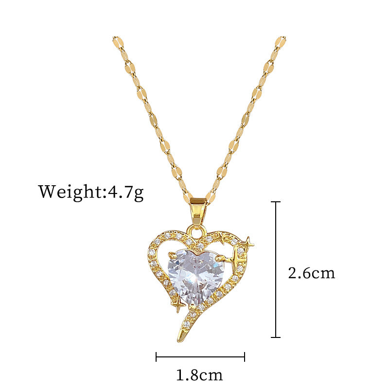 Collar con colgante de circonita con forma de corazón de acero de titanio de lujo para mujer, cadena delicada para clavícula con diseño geométrico