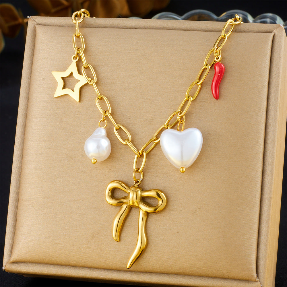 Vintage Elegant Heart Bow Cross Floral Stainless Steel Plated Necklace for Women