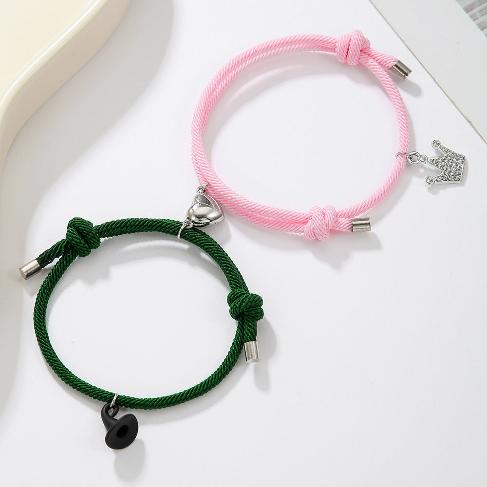 Streetwear Rhinestone Inlay Crown and Witch Hat Charm Bracelet for Couples