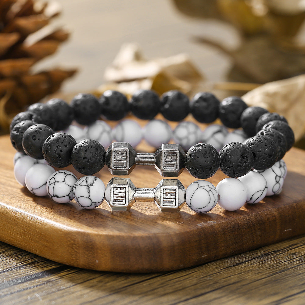 Geometric Round Volcanic Stone Hematite Beaded Bracelet Handmade Unisex Jewelry