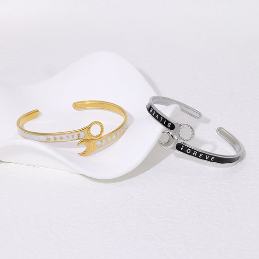 Creative Wrench-Shaped Titanium Steel Bracelet with Enamel Finish and 18K Gold Plating, Adjustable Open Bangle for Women