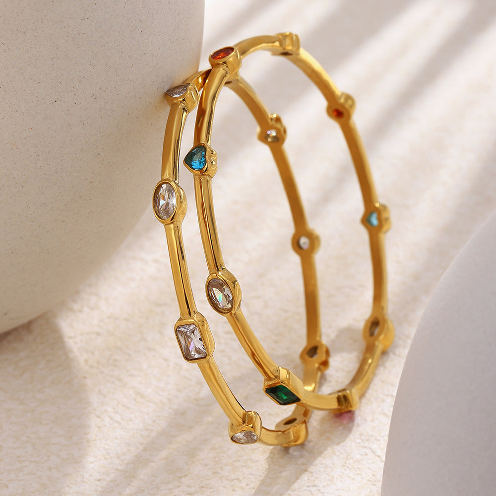 Elegant 18K Gold Plated Stainless Steel Heart Geometric Cubic Zirconia Line Bracelet for Women