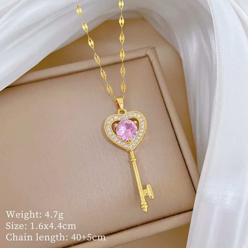 Sweet Minimalist Heart Geometric Rhinestone Brass Pendant Titanium Steel Necklace for Unisex