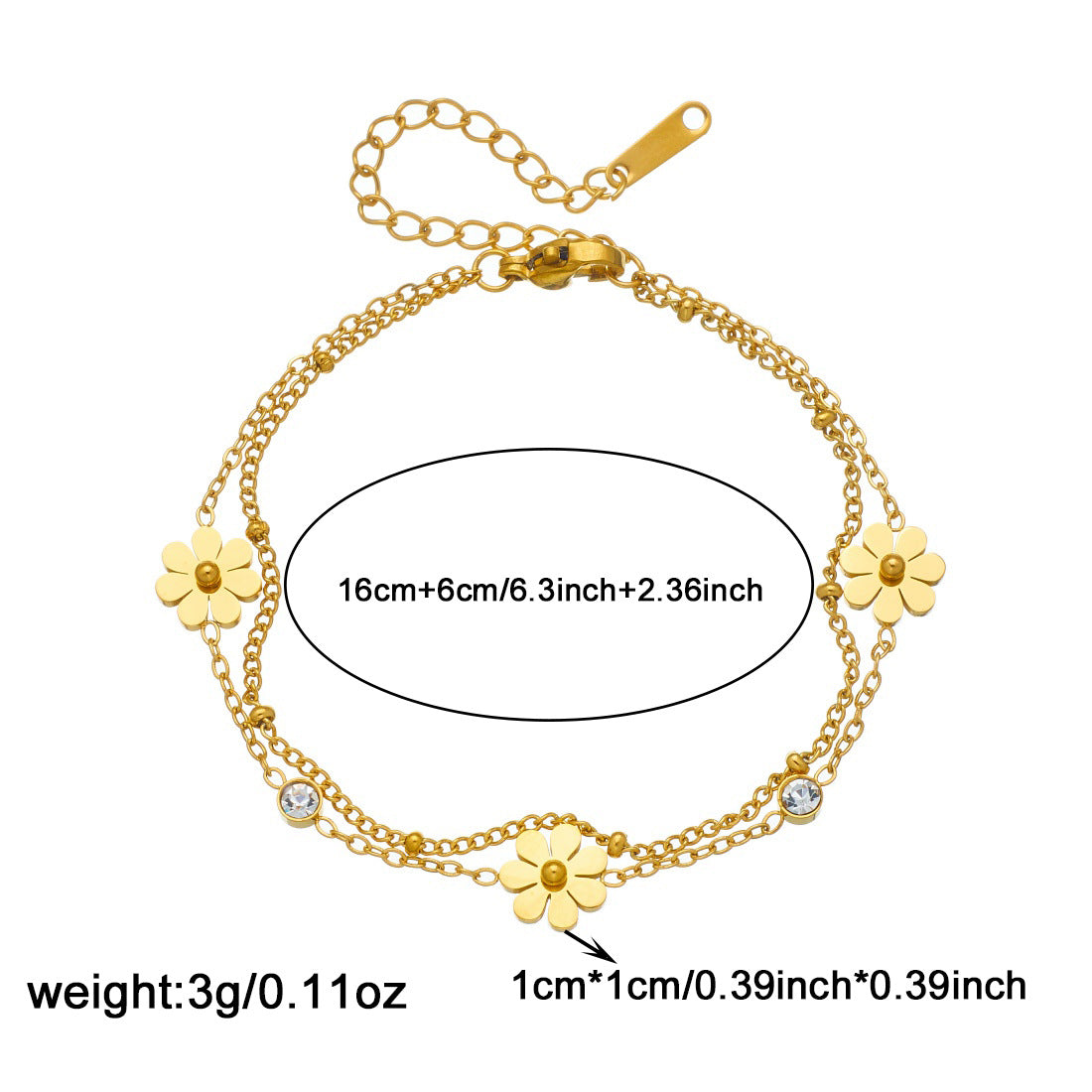 Gold Plated Stainless Steel Round Daisy Flower Rhinestone Bracelet for Women