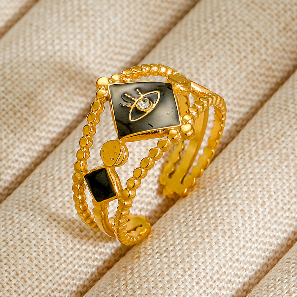 Vintage INS Style Stainless Steel Adjustable Ring with Natural Stone Inlay in Geometric Heart Zodiac and Animal Shapes