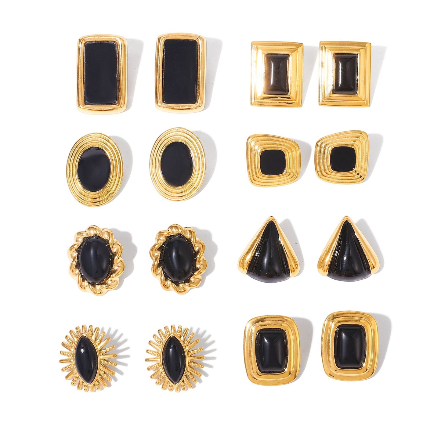 Orecchini a perno geometrici minimalistici in agata nera in acciaio inossidabile con placcatura in oro PVD sottovuoto per donna