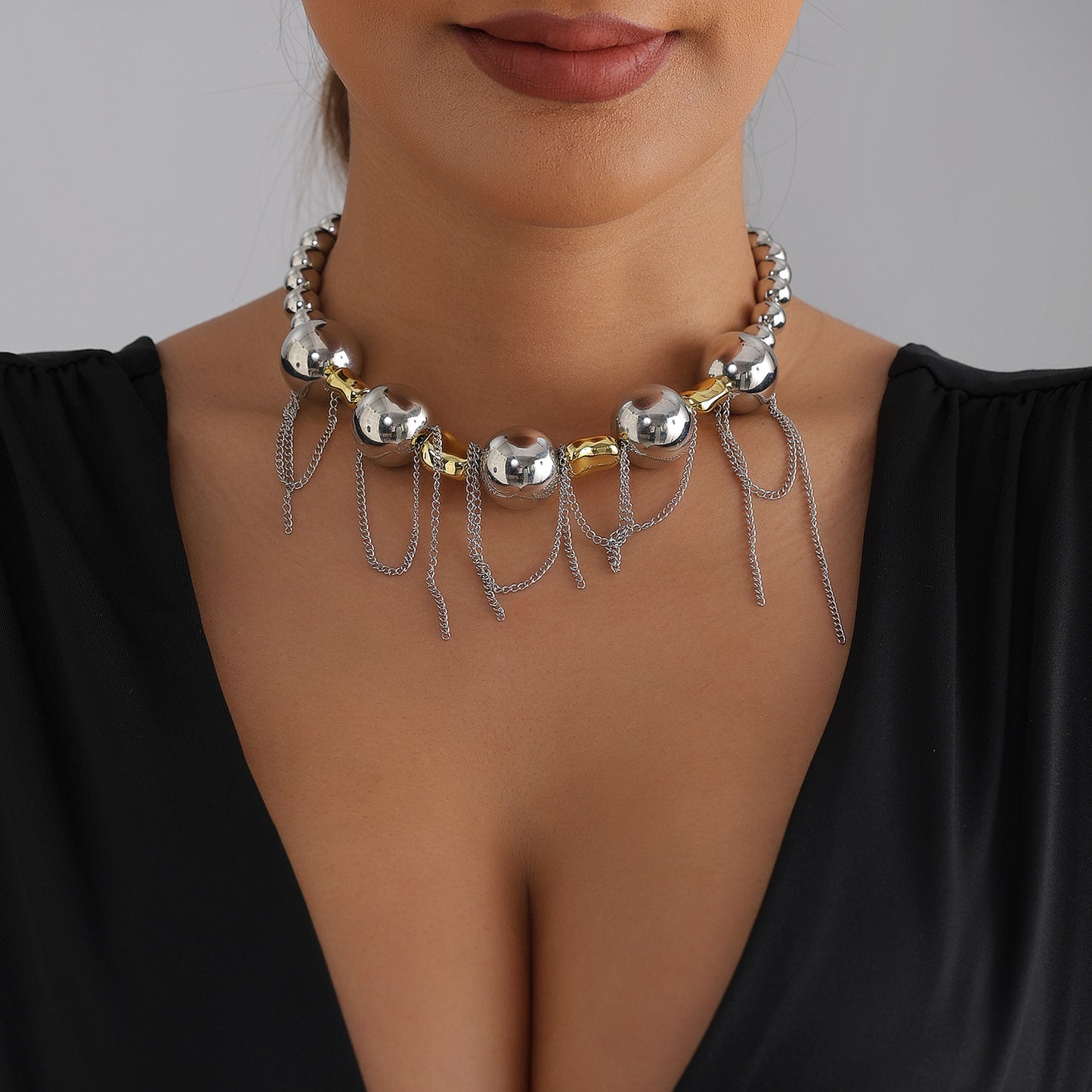 Exaggerated Geometric Round Beaded Tassel Necklace Alloy Plated Multi-layer Chain for Women