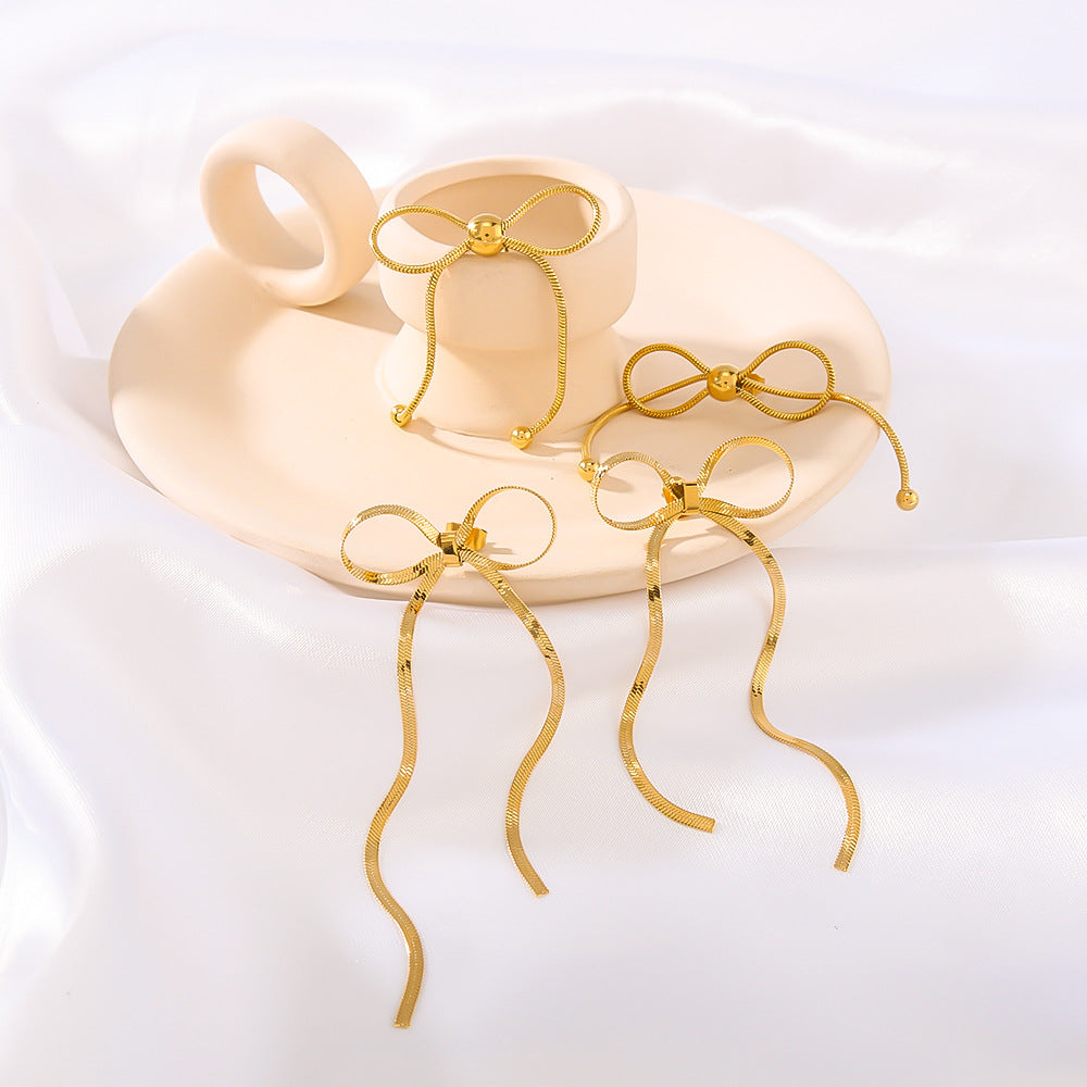 Fashion Bow-Shaped Stainless Steel Earrings with Tassel Detail and 18K Gold Plating for Women