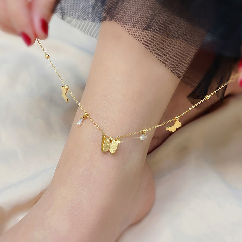 Minimalist Butterfly Anklet for Women in Titanium Steel with 18K Gold Plating, Cold-Tone Nature-Inspired Design