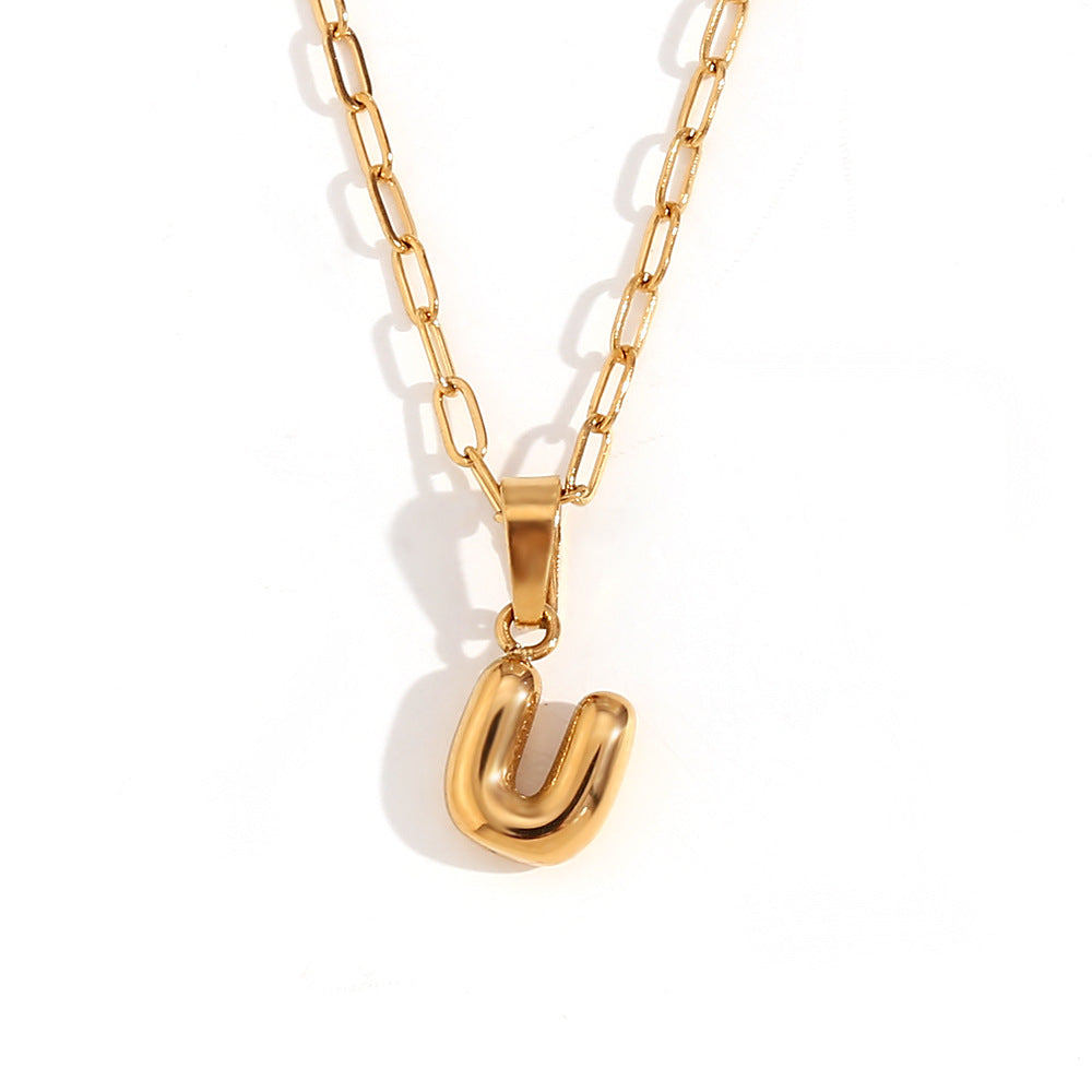Minimalist Fashion Letter Pendant Necklace in Stainless Steel with 18K Gold Plating, Bubble-Inspired Mini Safety Pin Design for Women