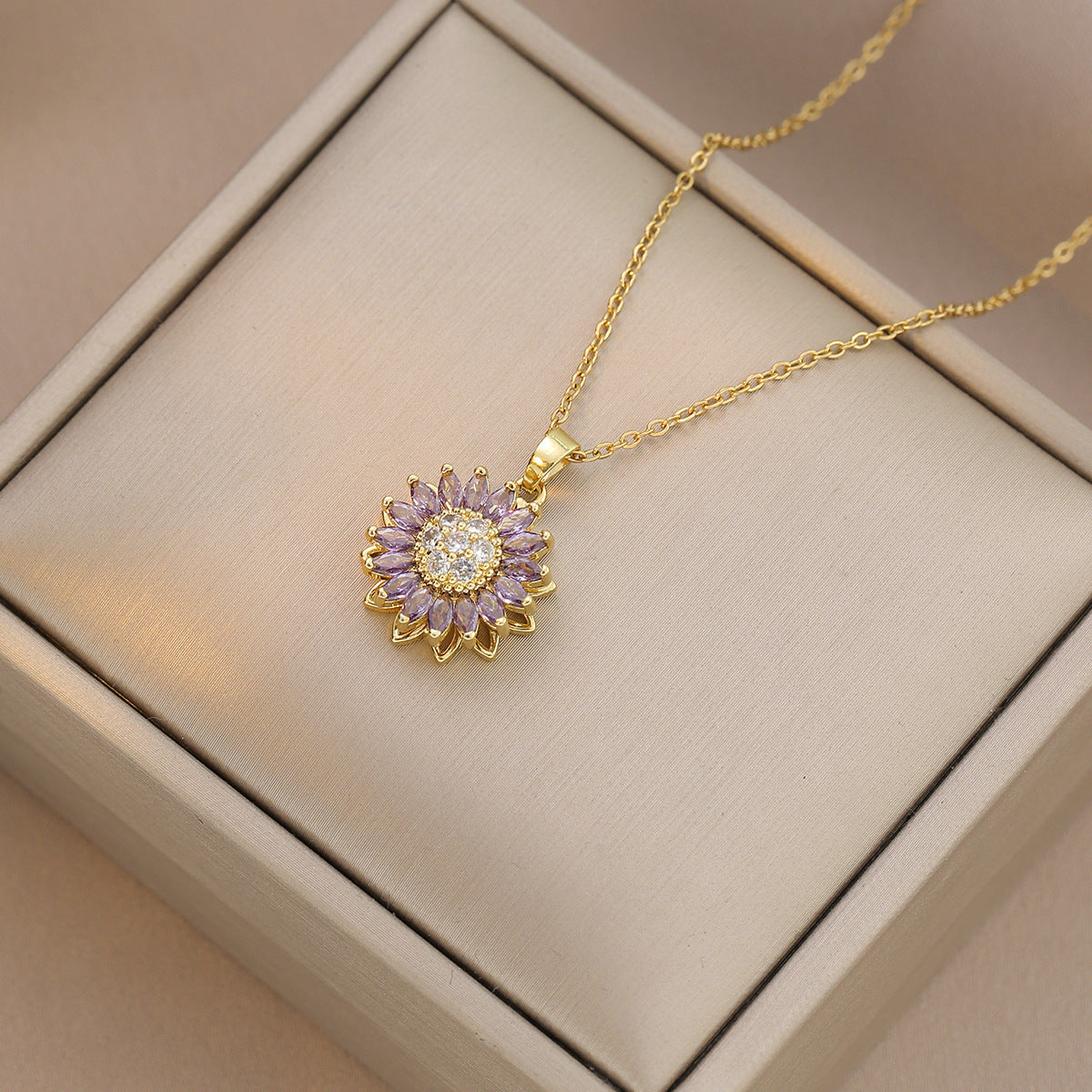 Collar con colgante de girasol minimalista para mujer con diseño floral de circonita, cadena de serpiente de acero de titanio, amuleto giratorio, estilo de lujo ligero