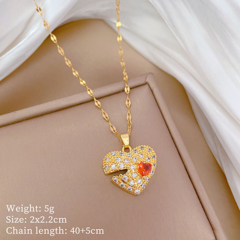 Collana pendente a cuore geometrico minimalista in acciaio al titanio con intarsio in strass rossi per uomo e donna