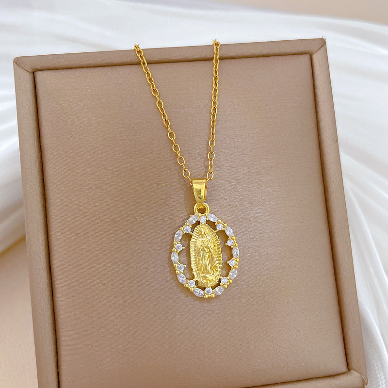Sweet Minimalist Oval Geometric Rhinestone Pendant Titanium Steel Necklace for Unisex