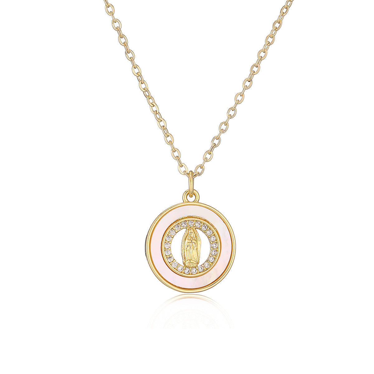 Minimalist Cross-Shaped Pendant Necklace for Women with Copper Base Plated in 18K Gold Featuring White Abalone and Cubic Zirconia on a Delicate Clavicle Chain