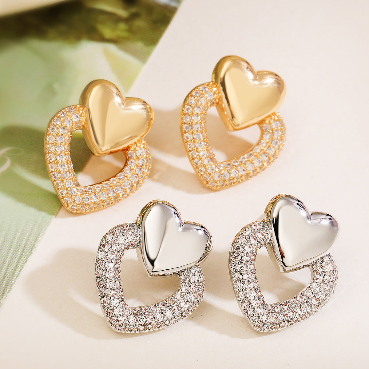 Vintage Style Heart-Shaped Copper Earrings with 18K Gold Plating and Micro-Pavé Zirconia for Women
