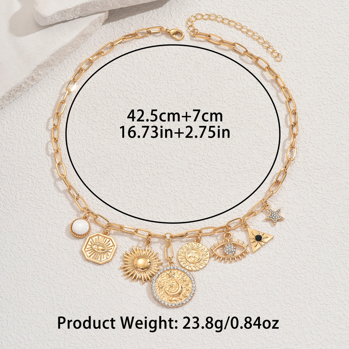 Collar con colgante geométrico de sol y luna creciente con incrustaciones de diamantes de imitación en aleación de zinc para mujer