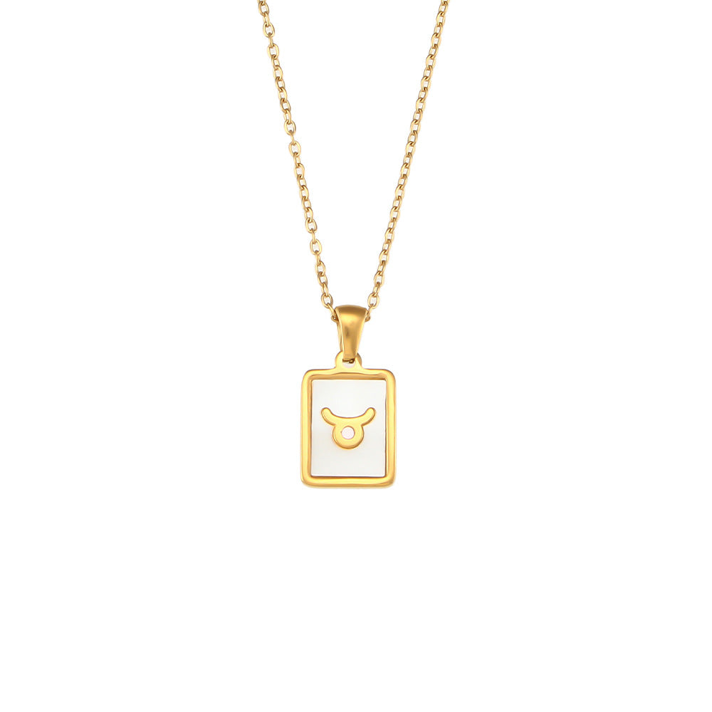 Collana con ciondolo segno zodiacale alla moda da donna con catena in acciaio inossidabile e intarsio in conchiglia naturale a forma di quadrato geometrico