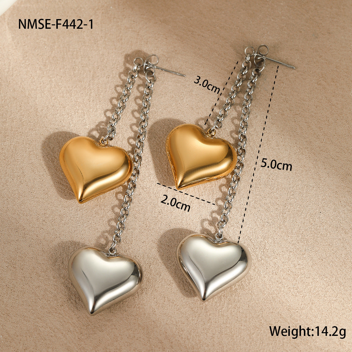 Fashionable Heart-Shaped Stainless Steel Earrings with Color-Blocking Design for Women
