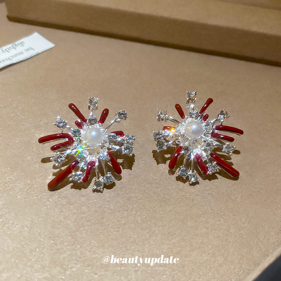 Orecchini a Perno in Perla Eleganti di Lusso con Dettagli in Strass e Design a Fuoco d'Artificio Smaltato per Donna