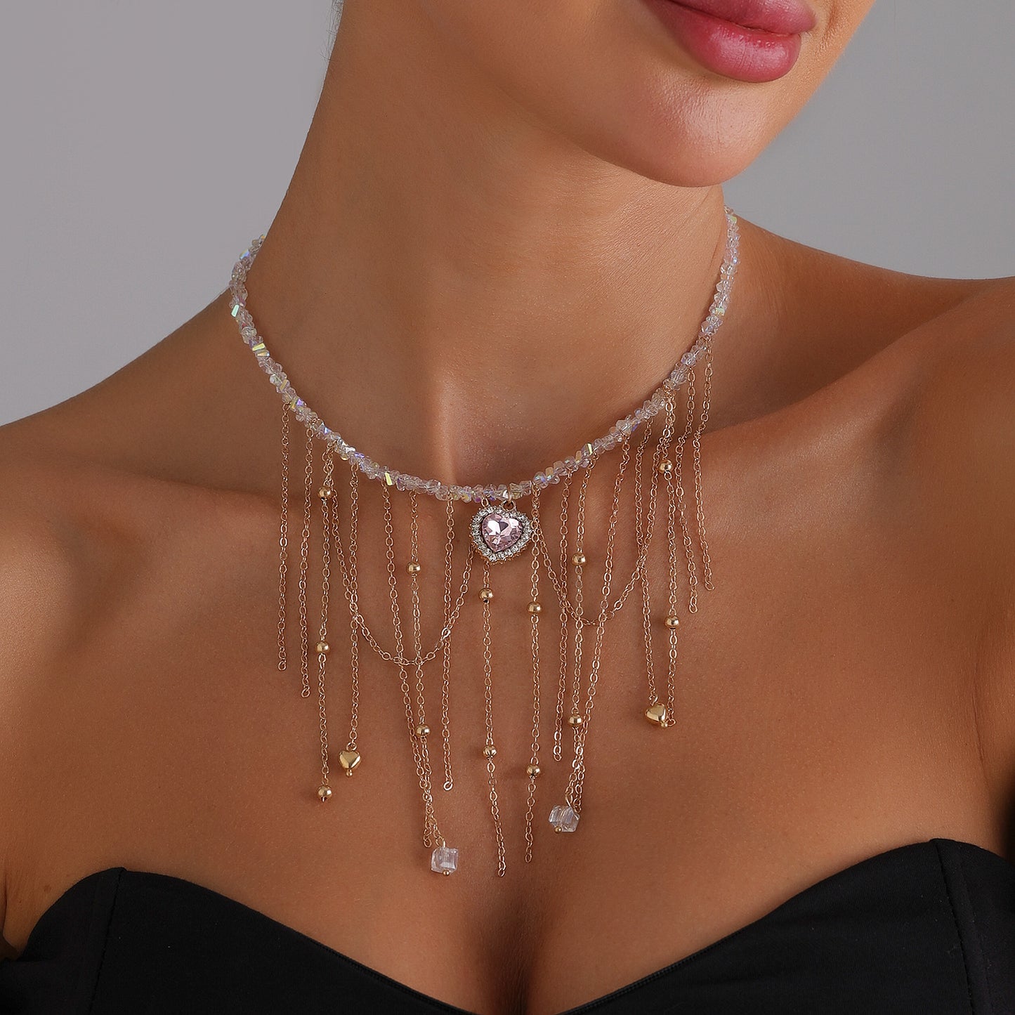 Romantic Pink Heart-Shaped Alloy Pendant Necklace with Tassel Accents and Electroplated Finish for Women