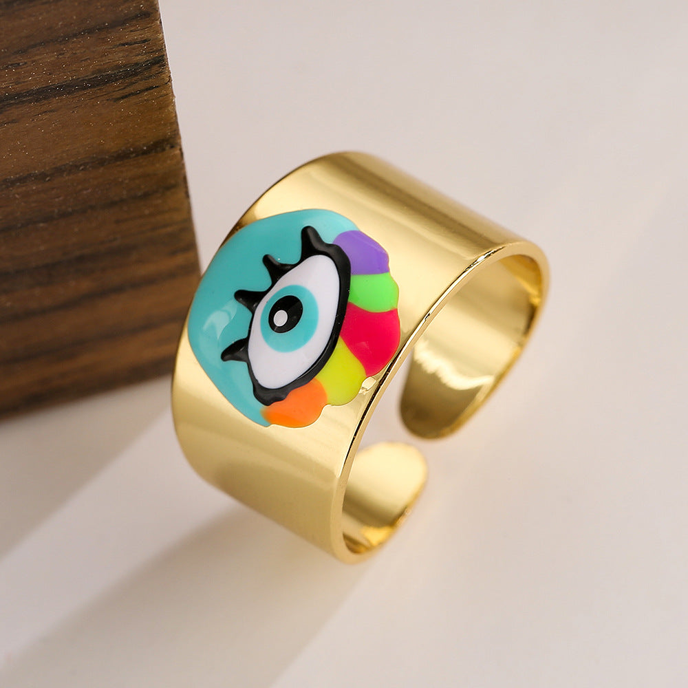 Anello Aperto Geometrico da Donna con Base in Rame Placcato Oro 18K e Smalto Design Occhio di Allah