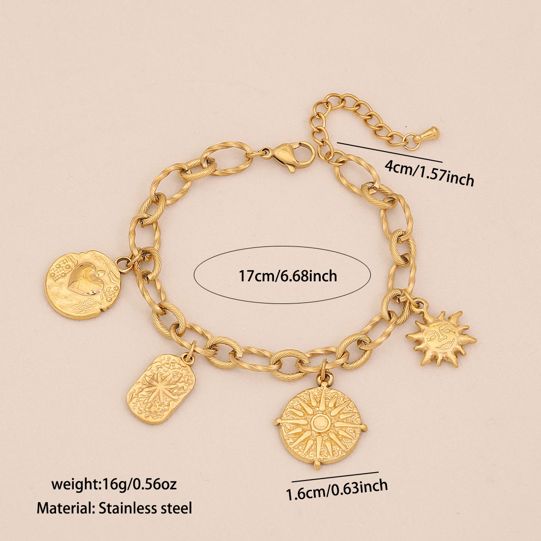 Bracciale in acciaio inossidabile a stella e luna geometriche con finitura galvanica da donna