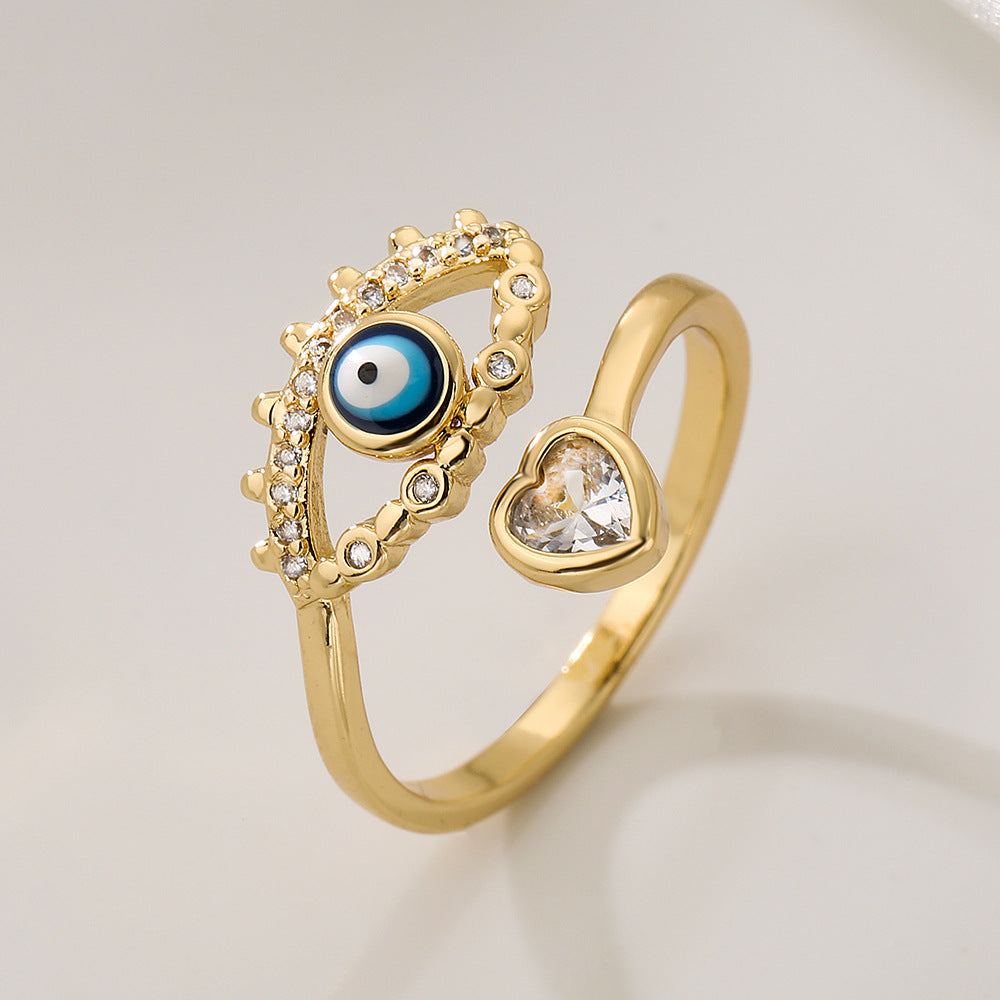 Minimalist Evil Eye Ring for Women Made of Copper with Micro-Pave Zirconia and Enamel Finish