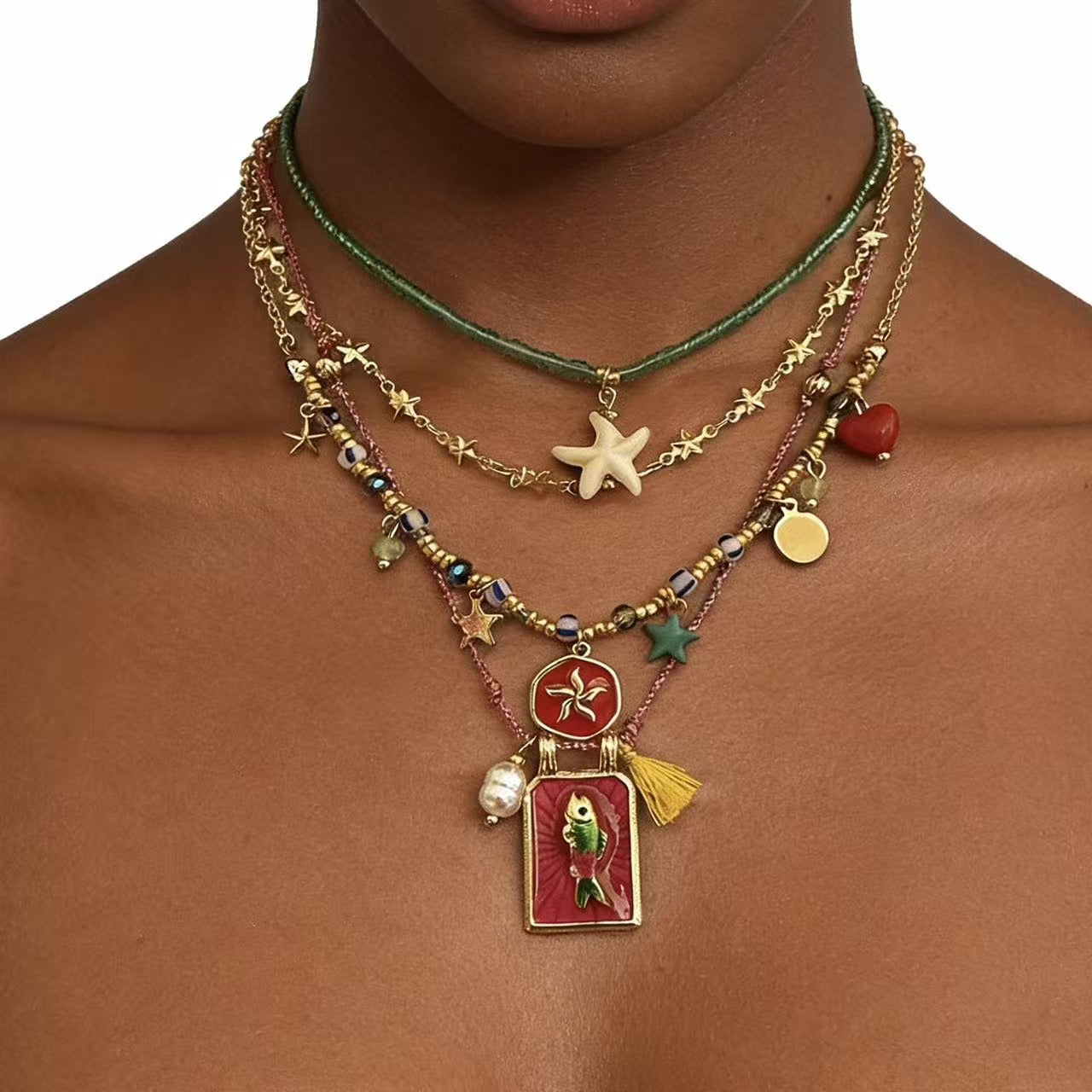 Collana con perline placcate in lega a forma di stella marina geometrica e pesce unisex