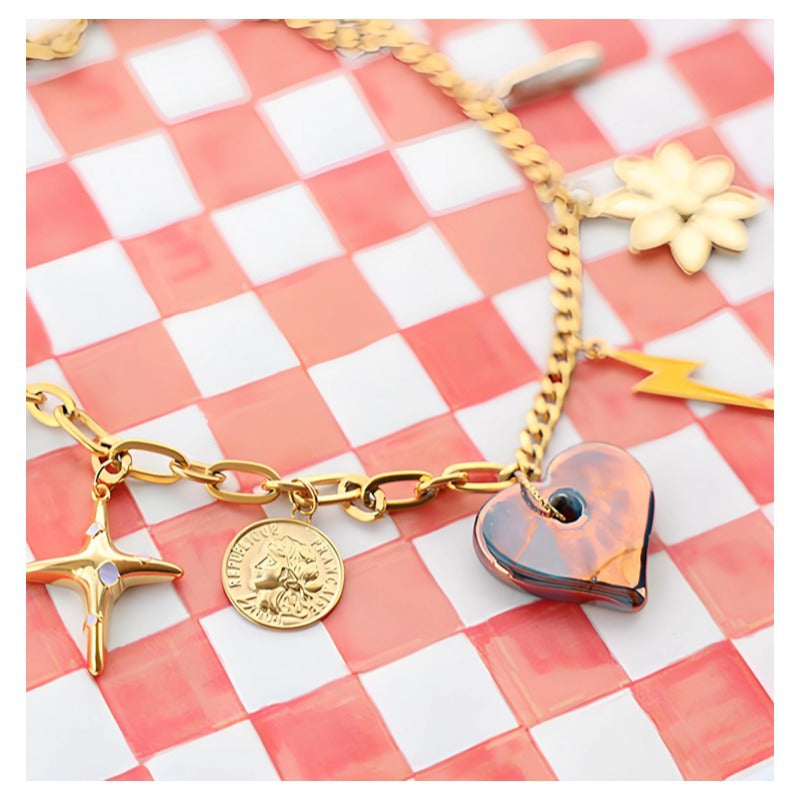 Sweet Geometric Heart Cross Star 18K Gold Plated Copper Necklace for Women