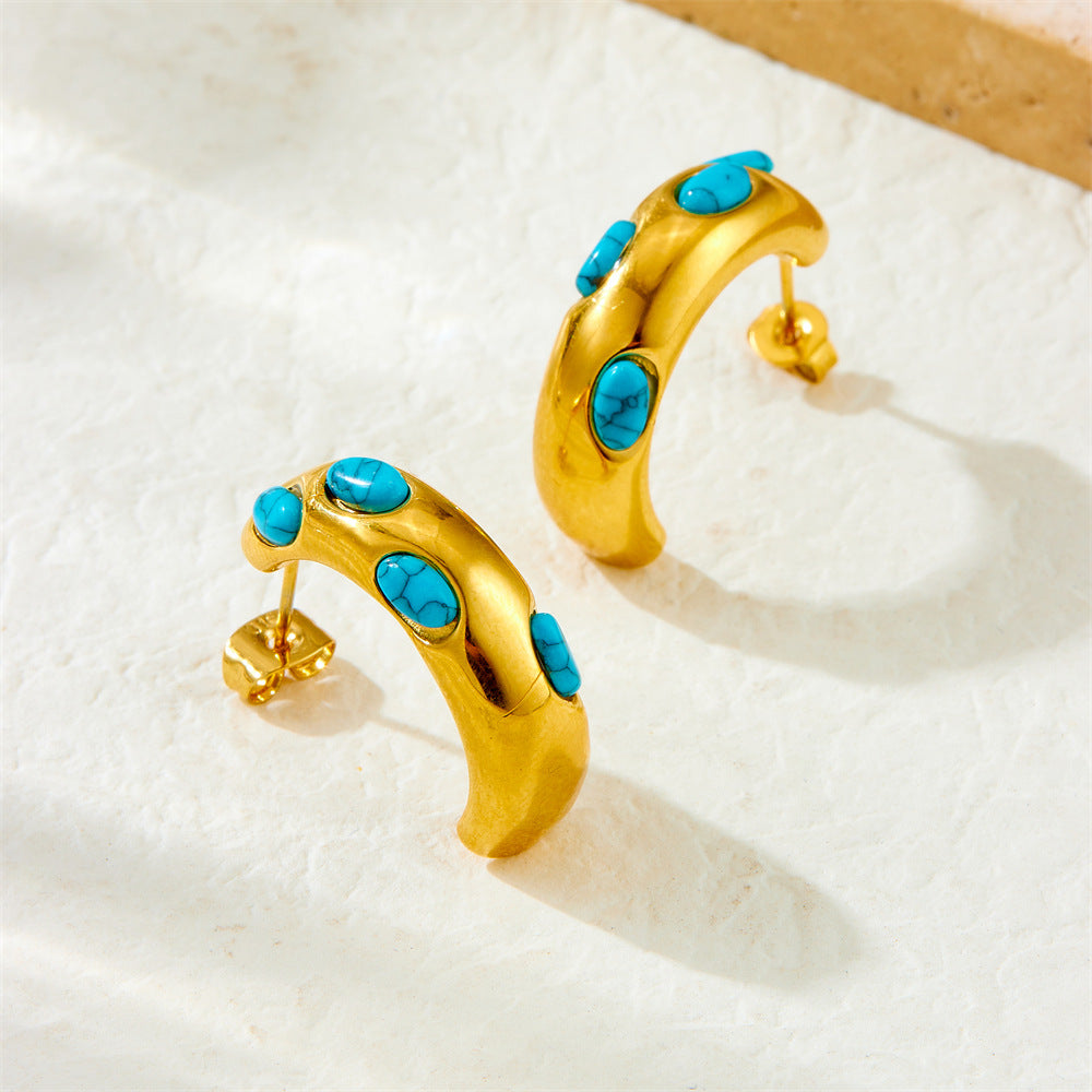 Vintage Elegant Micro-Inlaid Turquoise Geometric Round Stud Earrings Stainless Steel