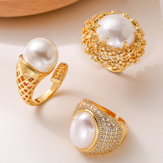 Minimalist Vintage Geometric Brass 18K Gold Plated Ring with Cubic Zirconia and Pearl Inlay for Women