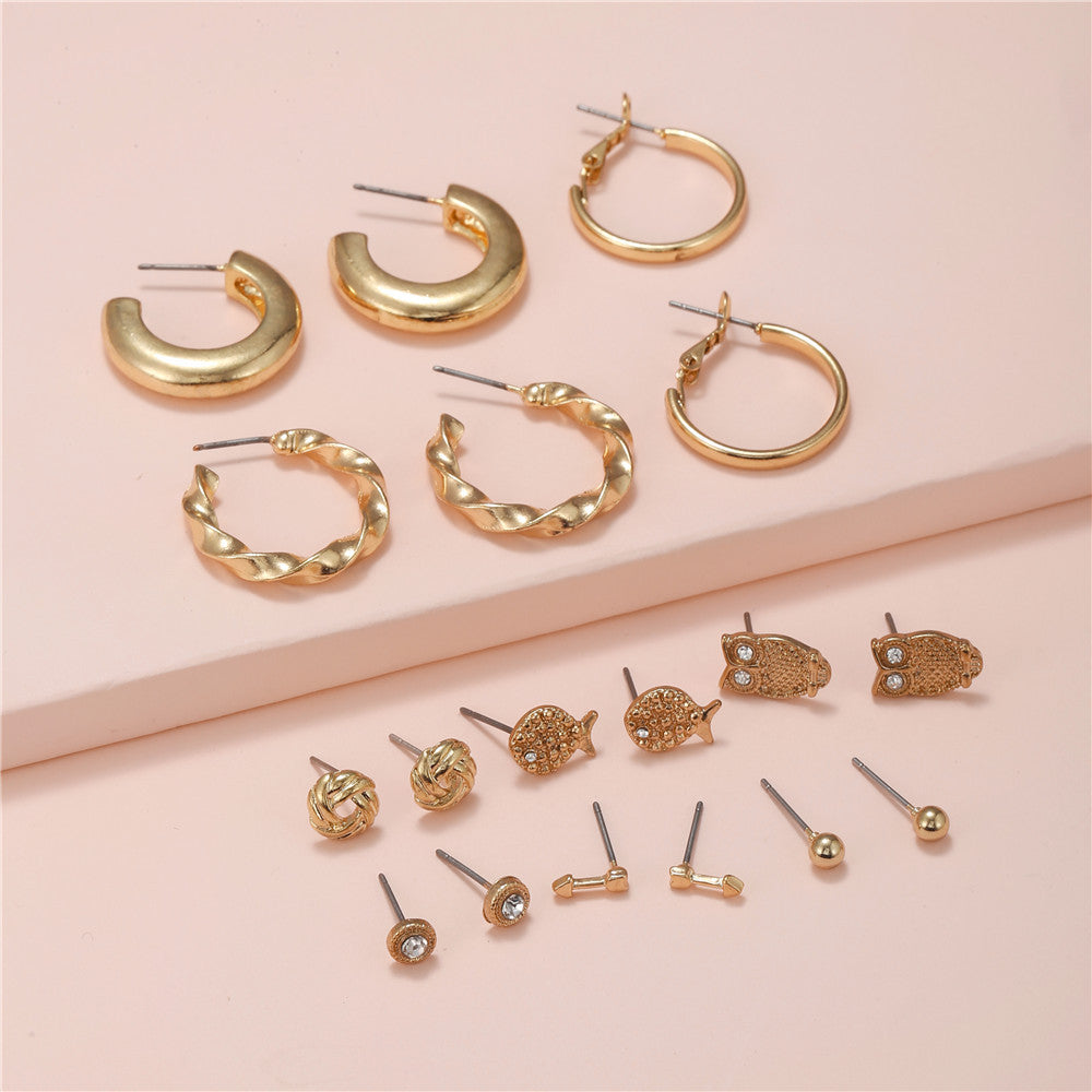 Elegant Minimalist Geometric Animal Owl Alloy Plated Earrings Set with Stainless Steel Posts