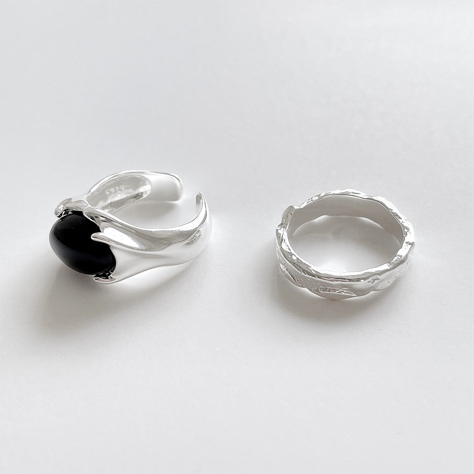 Anello floreale minimalista in argento sterling 925 con intarsio in agata nera, gioielli da donna regolabili