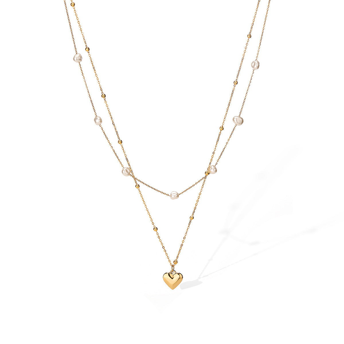 Collana con ciondolo a cuore minimalista in acciaio inossidabile con accenti di perle da donna, catena a doppio strato alla clavicola