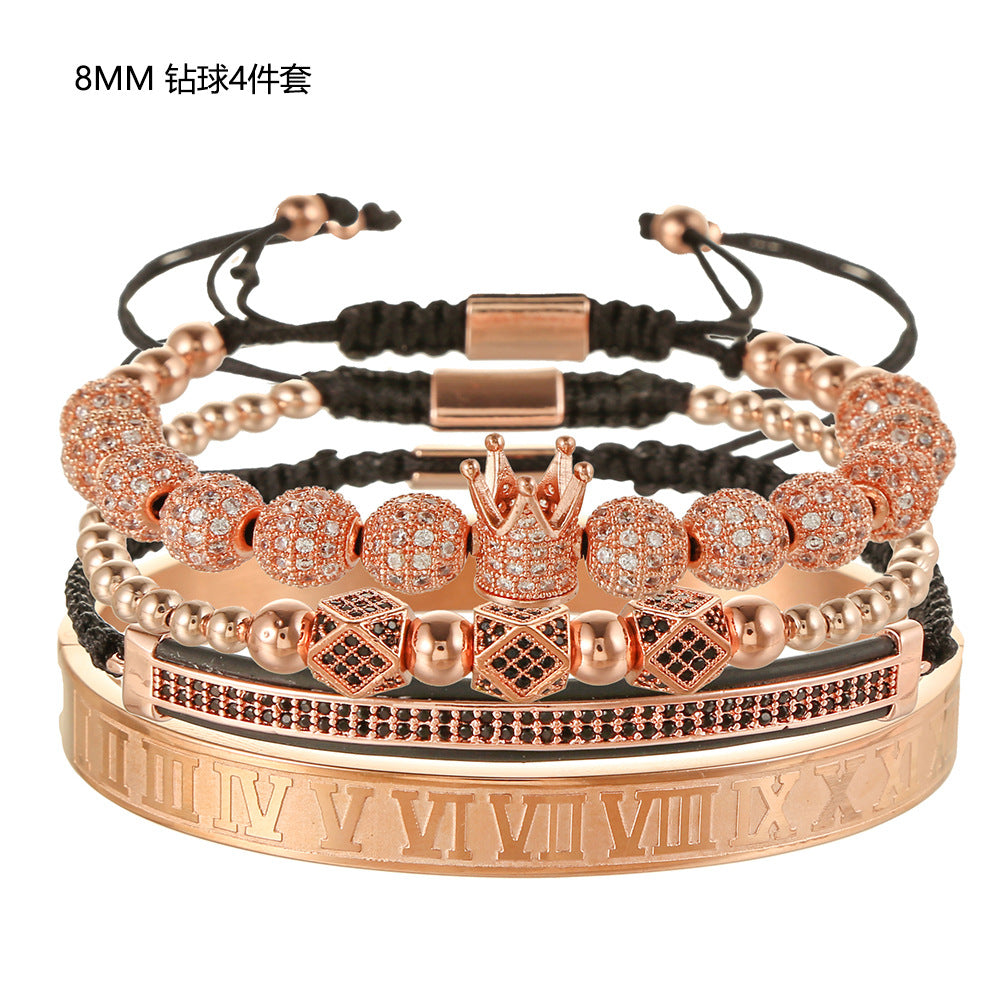 Vintage Punk Geometric Crown Brass Micro-inlay Cubic Zirconia Stainless Steel Braided Bracelet Set for Unisex