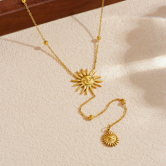 Vintage Gold Plated Stainless Steel Sun Face Tassel Y-Shape Necklace for Women