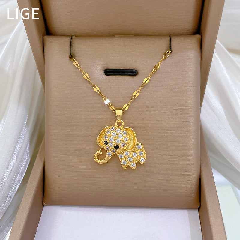 Collana con ciondolo elefante minimalista in acciaio al titanio con intarsio di strass per uomo e donna, catena a maglie a lunghezza regolabile
