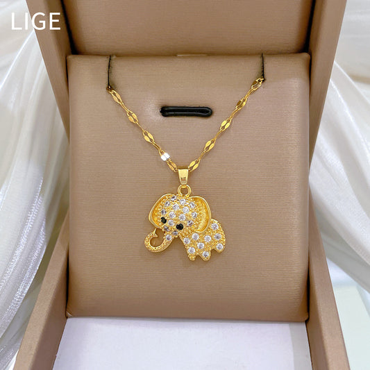 Collana con ciondolo elefante minimalista in acciaio al titanio con intarsio di strass per uomo e donna, catena a maglie a lunghezza regolabile