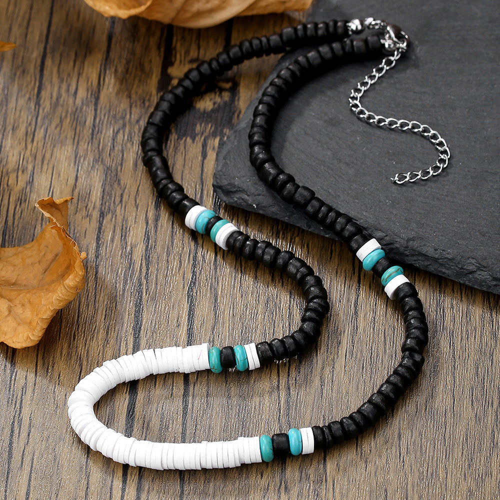Unisex Handmade Geometric Coconut Shell and Turquoise Beaded Necklace