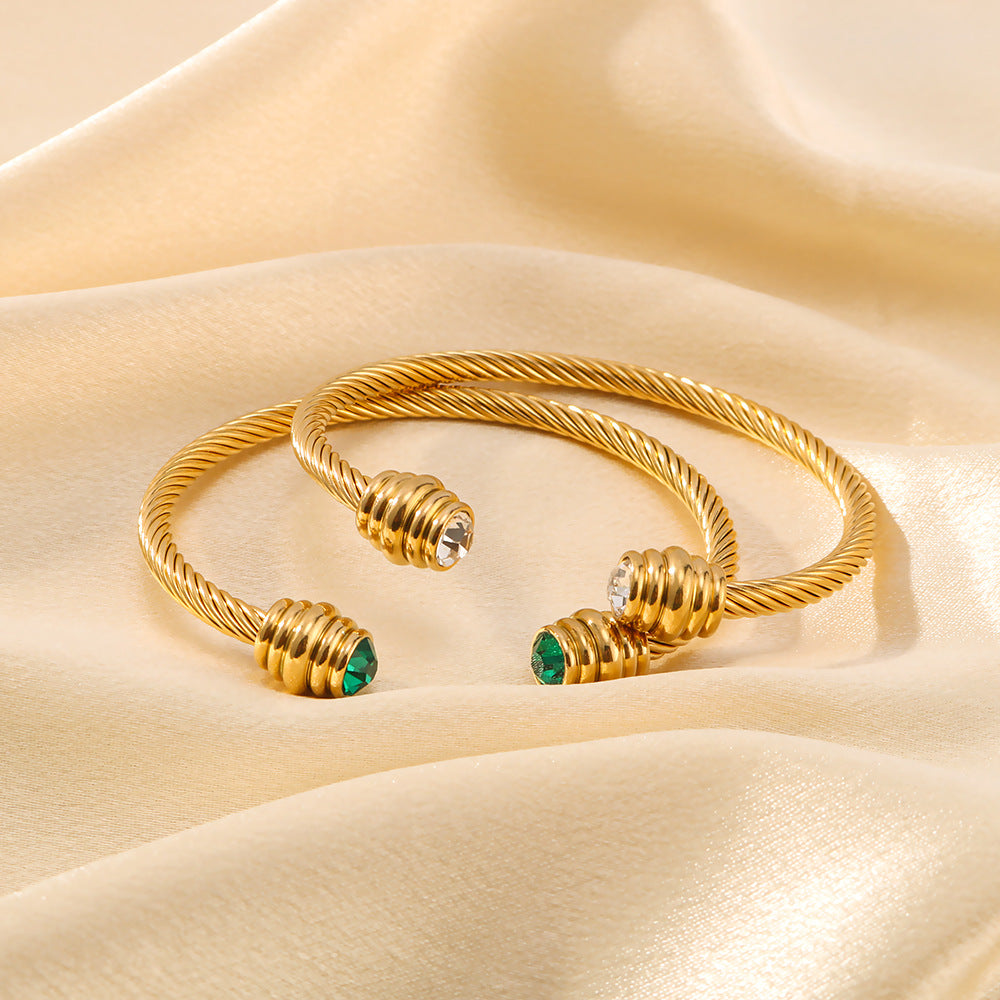Minimalist Geometric Stainless Steel Bracelet with Zircon Inlay and 18K Gold Plating for Women