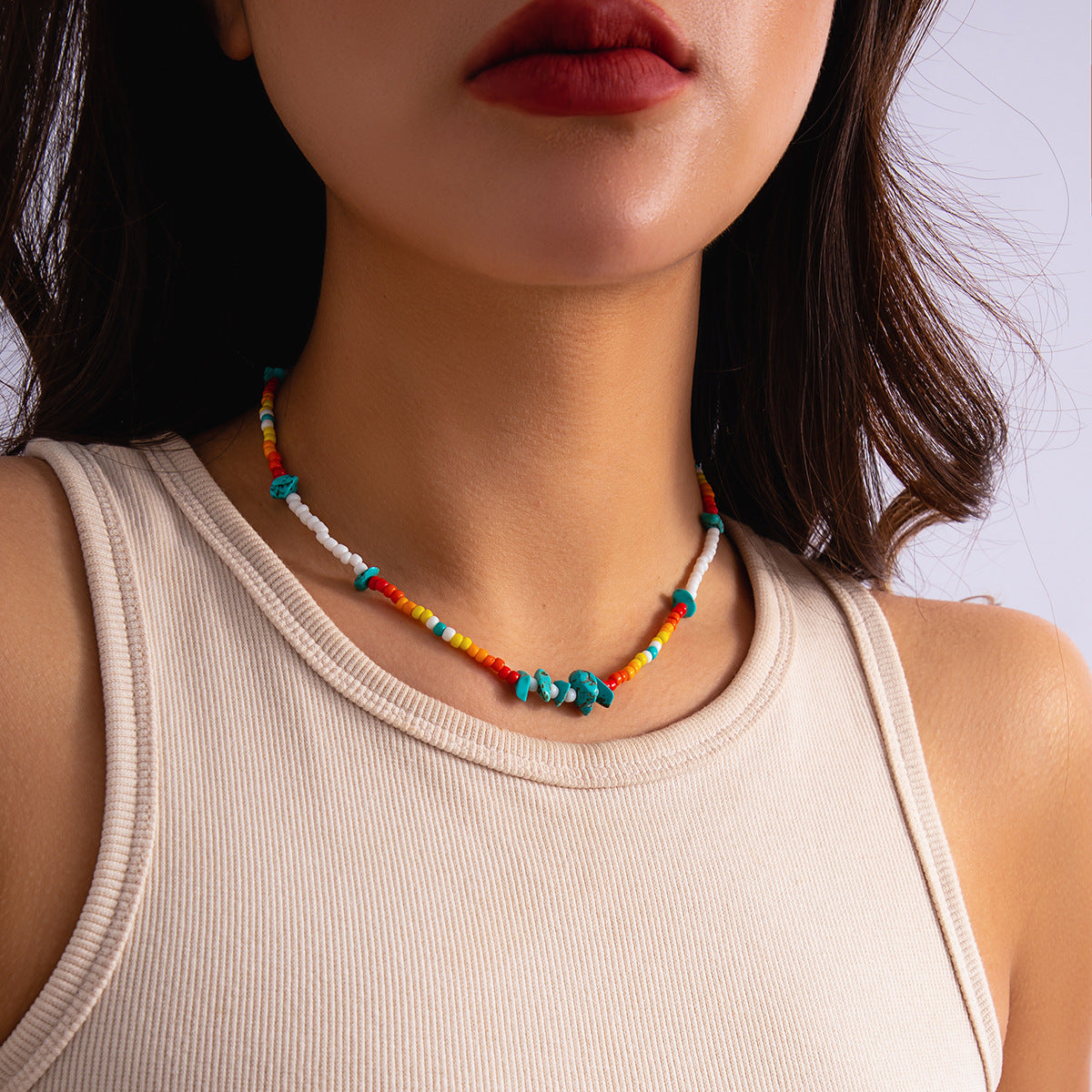Handmade Bohemian Style Geometric Turquoise Beaded Necklace with Irregular Resin Beads on Round Ball Chain for Women